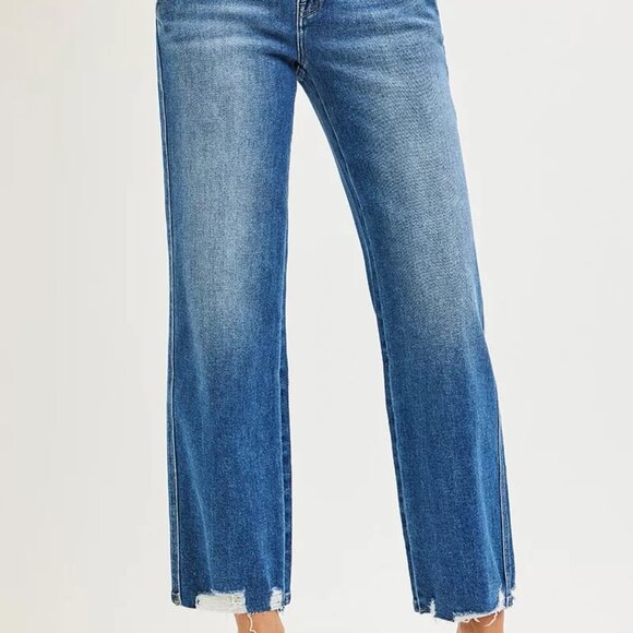 RISEN High Rise Ankle Straight Distressed Hem Detail Jeans - Picture 2 of 6